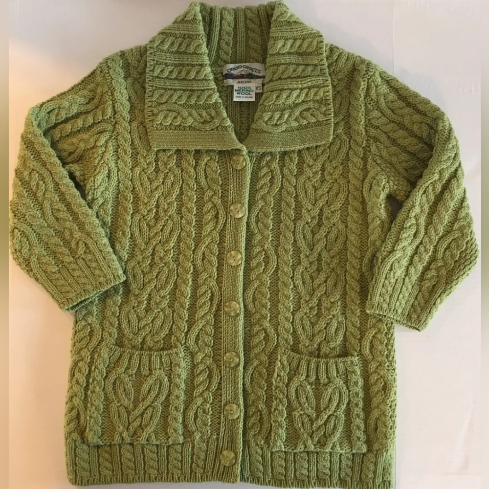 ARAN CRAFTS Ireland Merino Wool Fisherman Cable Knit Sweater Pockets Women's XS